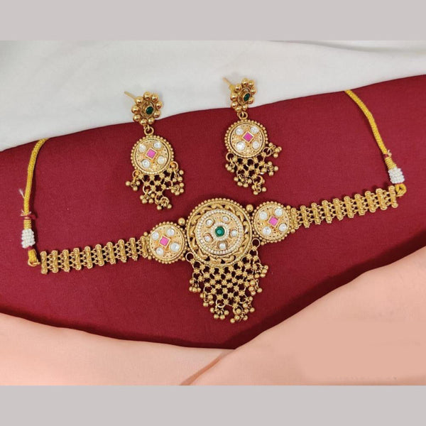 Kavita Art Gold Plated Pota Stone And Pearls Choker Necklace Set