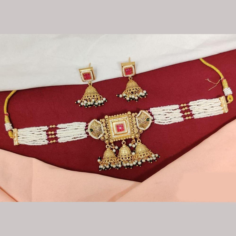 Kavita Art Gold Plated Pota Stone And Pearls Choker Necklace Set