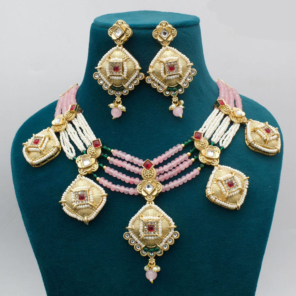 Kavita Art Gold Plated Pota Stone And Pearls Necklace Set