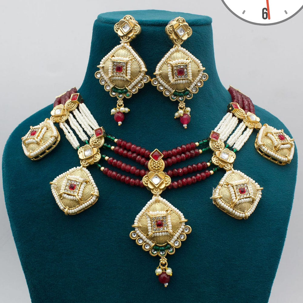 Kavita Art Gold Plated Pota Stone And Pearls Necklace Set