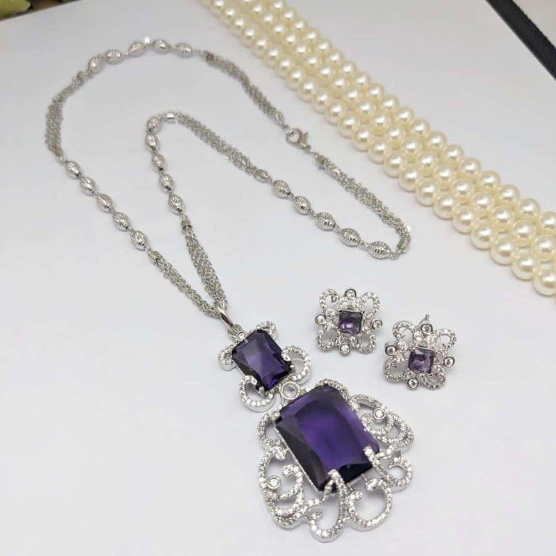 Kavita  Silver Plated Crystal Stone And Austrian Stone Chain Pendant Set