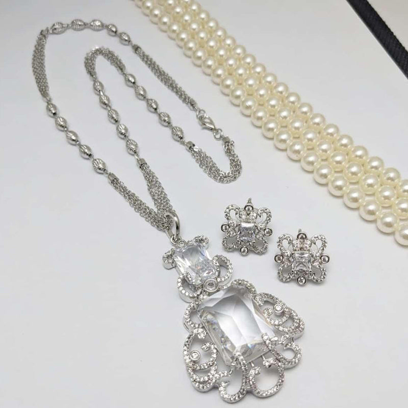 Kavita  Silver Plated Crystal Stone And Austrian Stone Chain Pendant Set