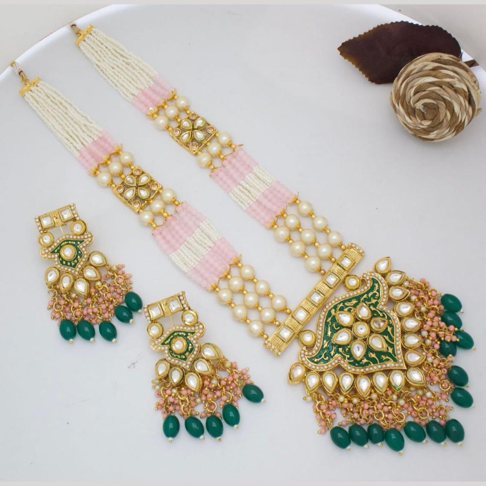 Kavita Art Gold Plated Kundan Stone Pearl And Beads Meenakari Long Necklace Set
