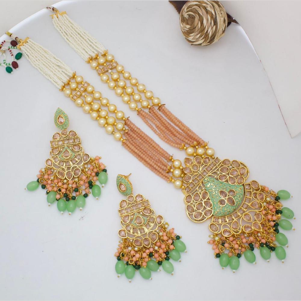 Kavita Art Gold Plated Kundan Stone Pearl And Beads Meenakari Long Necklace Set