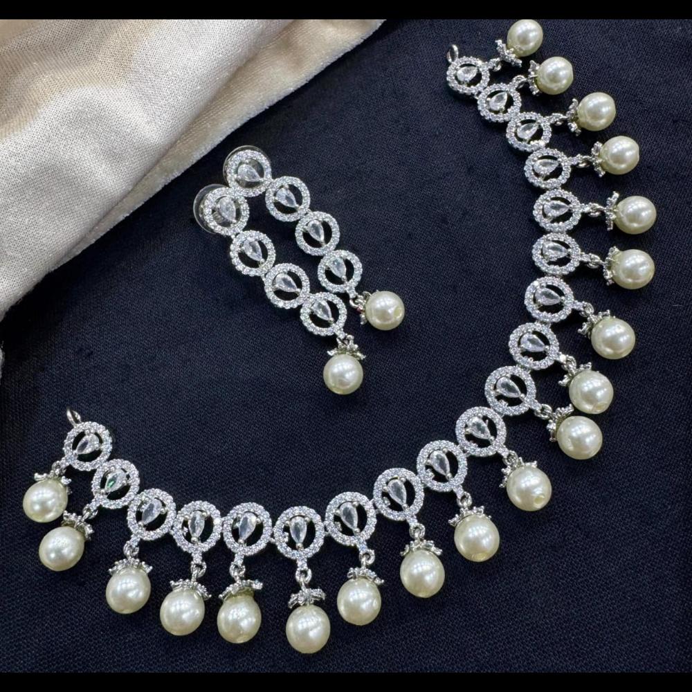 Kavita Art Silver Plated American Diamond And Pearl Necklace Set