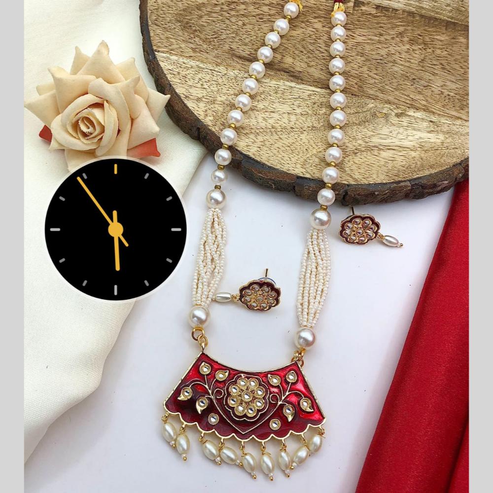 Kavita Art Gold Plated Kundan Stone Pearl And Beads Meenakari Long Necklace Set