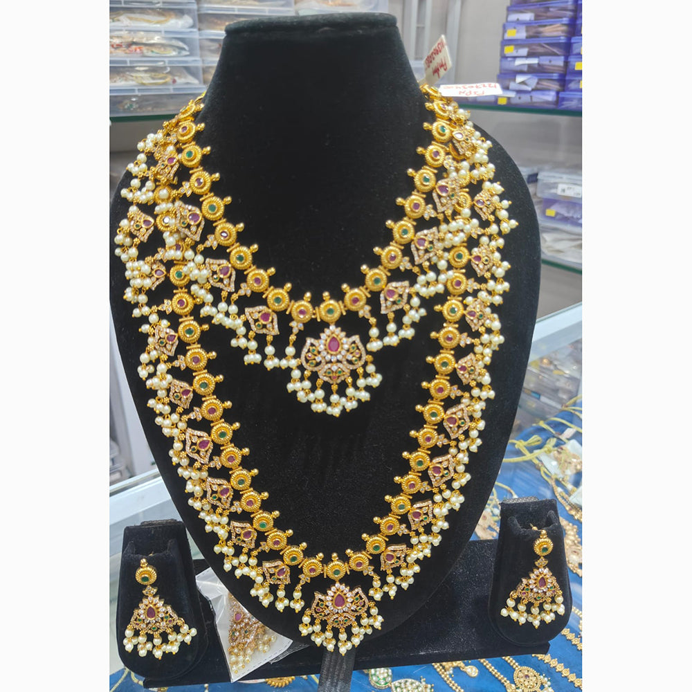 Kavita Art Traditional Wedding Wear Pota Stone & Pearl Double Necklace Set