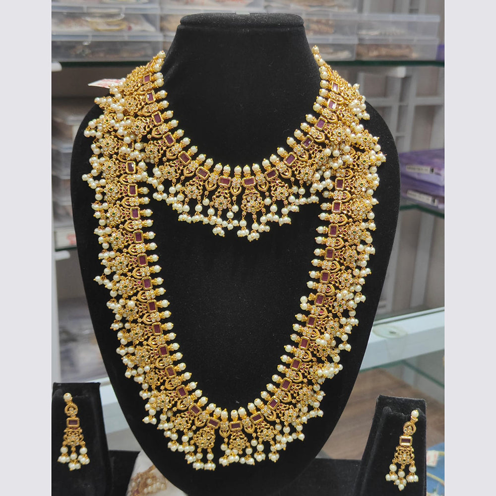 Kavita Art Traditional Wedding Wear Pota Stone & Pearl Double Necklace Set