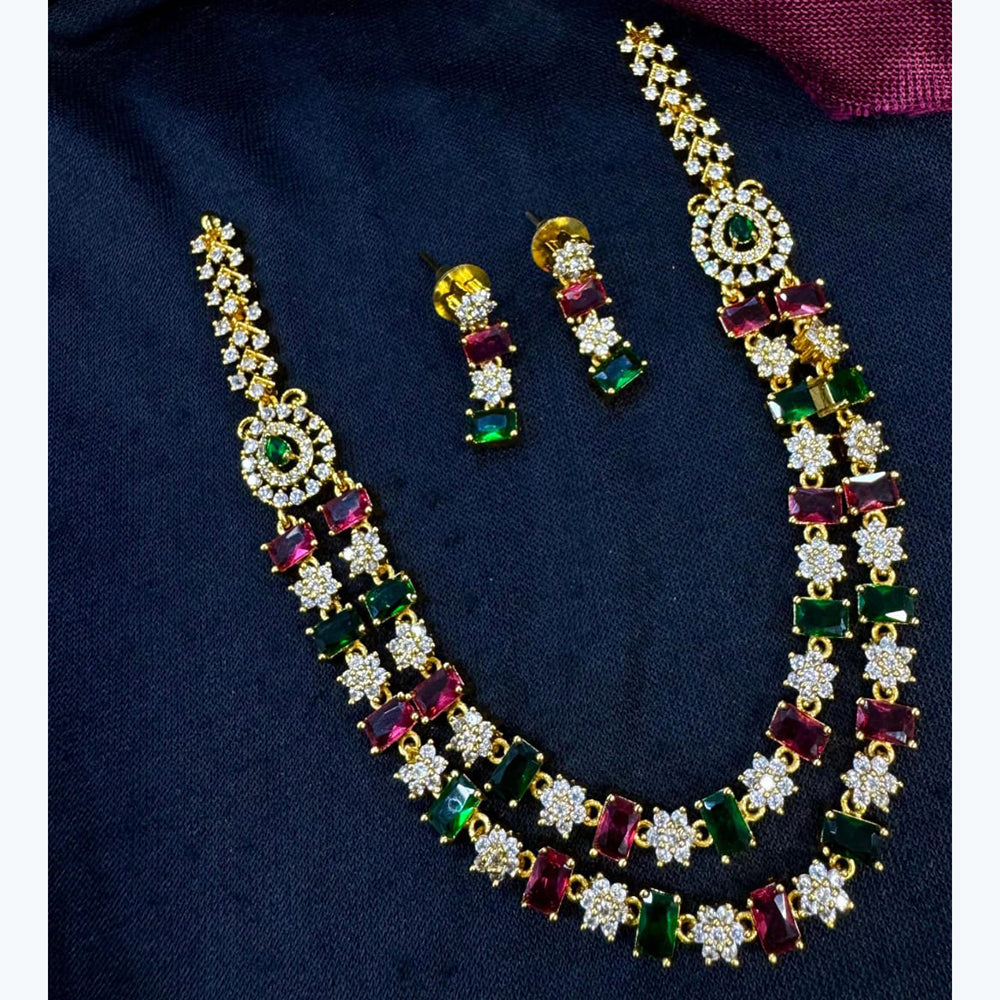 Kavita Art Silver Plated American Diamond Multi-LayerLong  Necklace Set