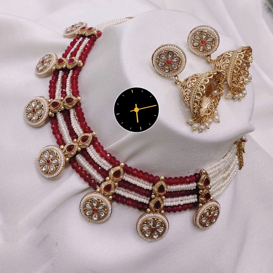 Kavita Art Gold Plated Kundan Stone And Pearl Choker Necklace Set