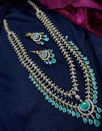 Kavita Art Silver Plated American Diamond Multi-LayerLong  Necklace Set