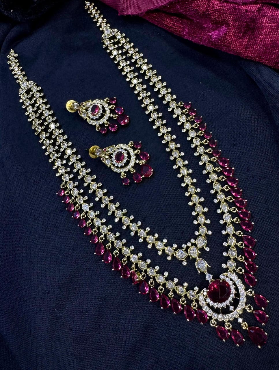 Kavita Art Silver Plated American Diamond Multi-LayerLong  Necklace Set