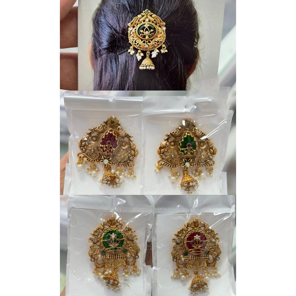 Kavita Art Classic Pota Stone And Pearl Hair Brooch (Assorted Desing)