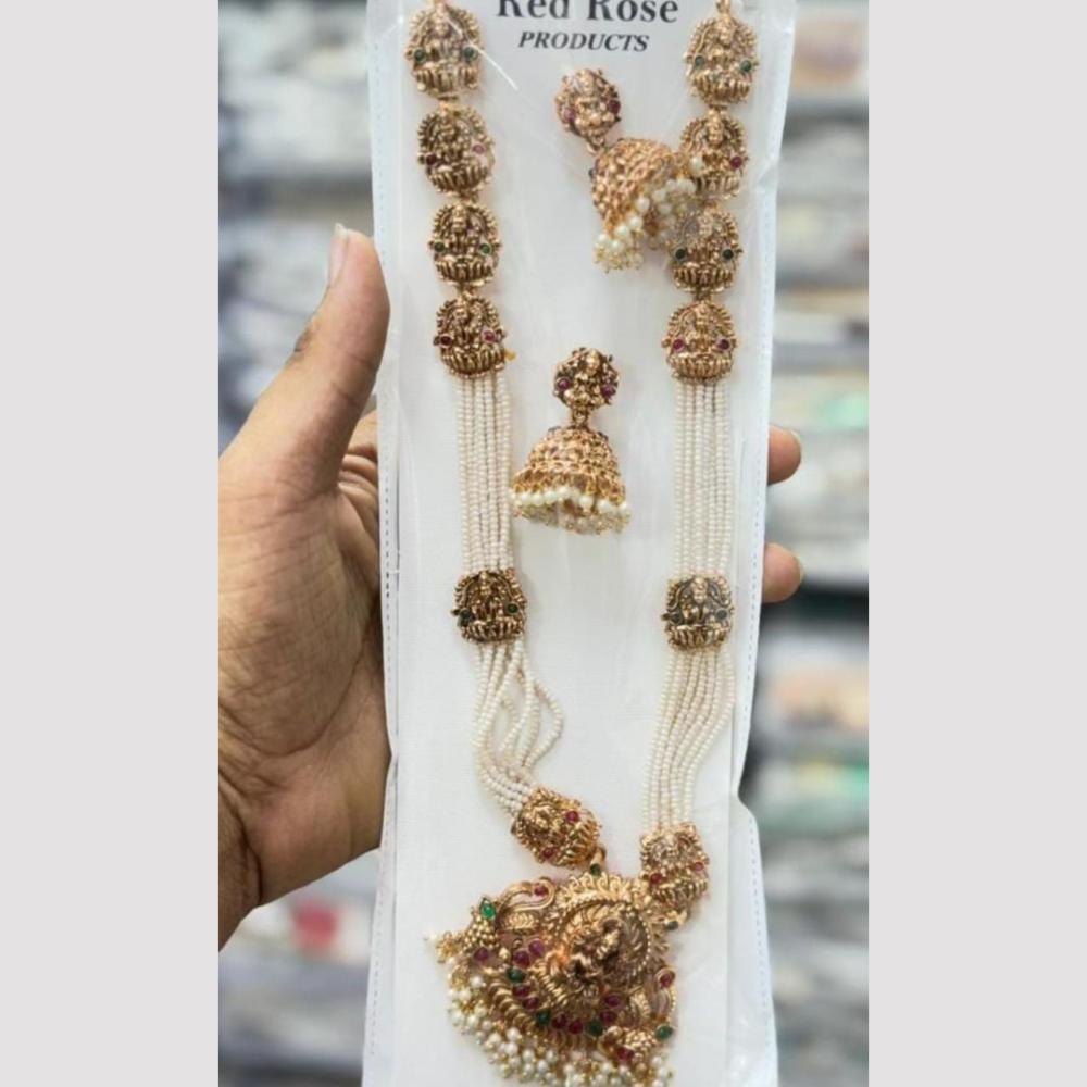 Kavita Art Premium  Pota Stone And Pearl Temple Long Necklace Set