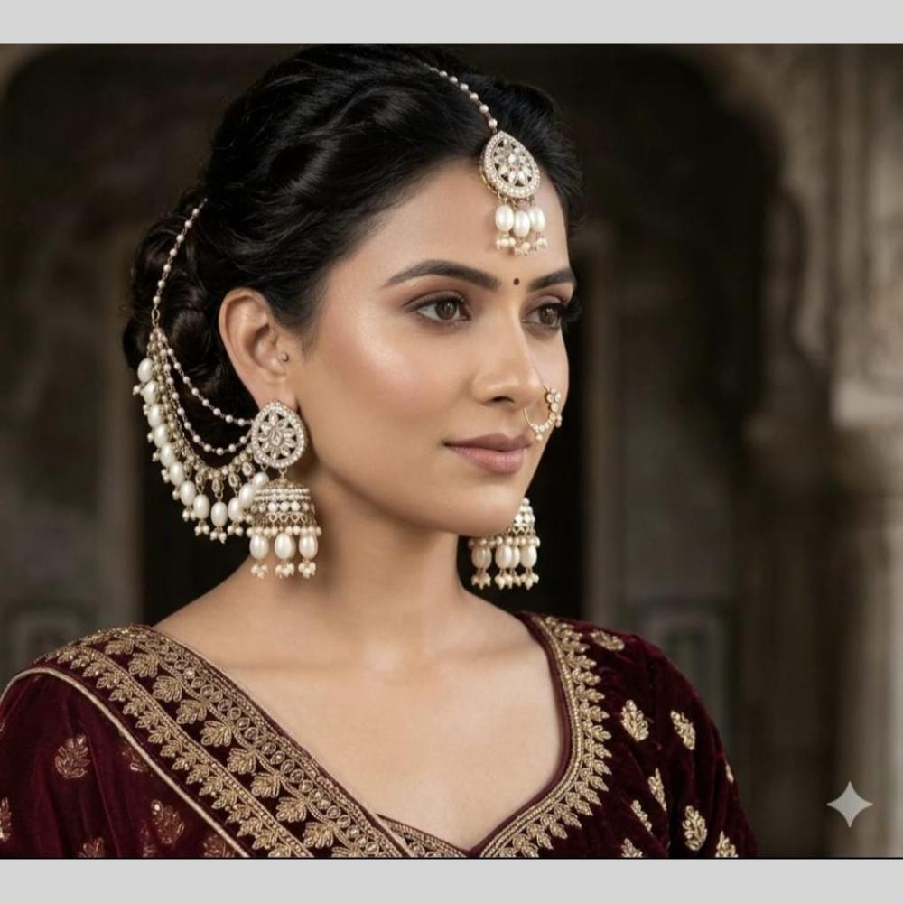 Kavita Art Kundan Stone And Beads Jhumki Earrings With Maangtikka