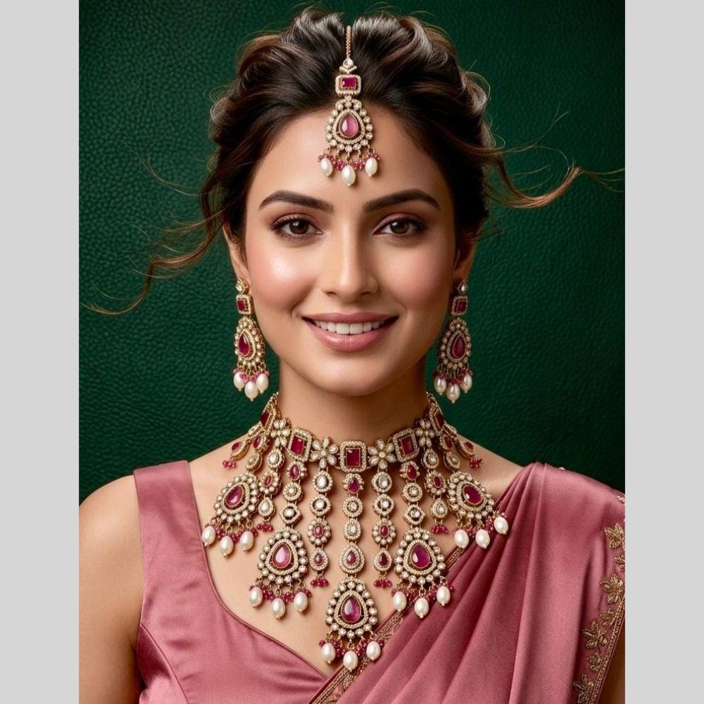 Kavita Art Classic Ethnic Pota Stone Pearl And Beaded Choker Necklace Set