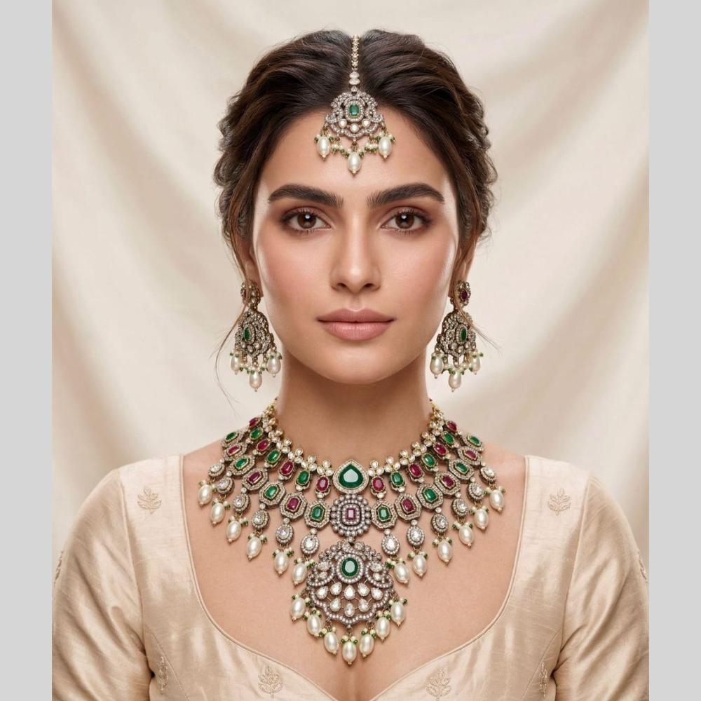 Kavita Art Classic Ethnic Pota Stone Pearl And Beaded Choker Necklace Set