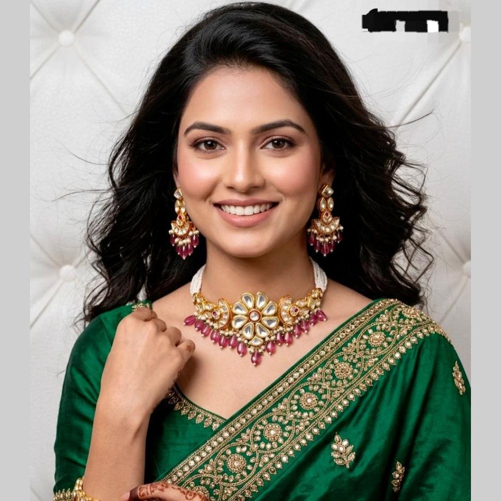 Kavita Art Elegant Pota Stone Pearl Choker Necklace Jewellery Set