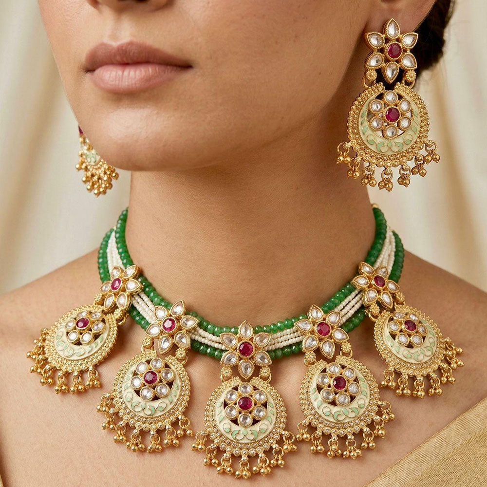 Kavita Art Royal Pota Stone Pearl And Beads Meenakari Necklace Set