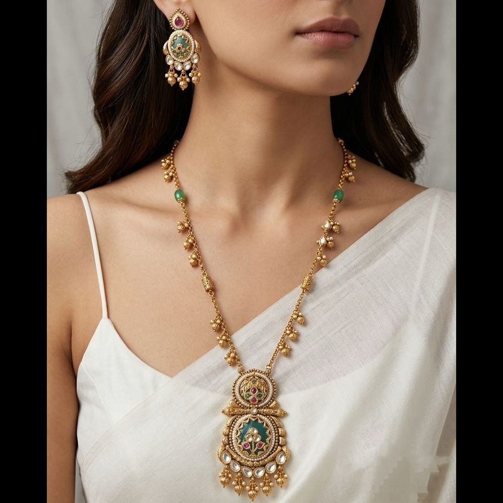Kavita Art Elegant Pota Stone And Pearl Long Necklace Jewellery Set