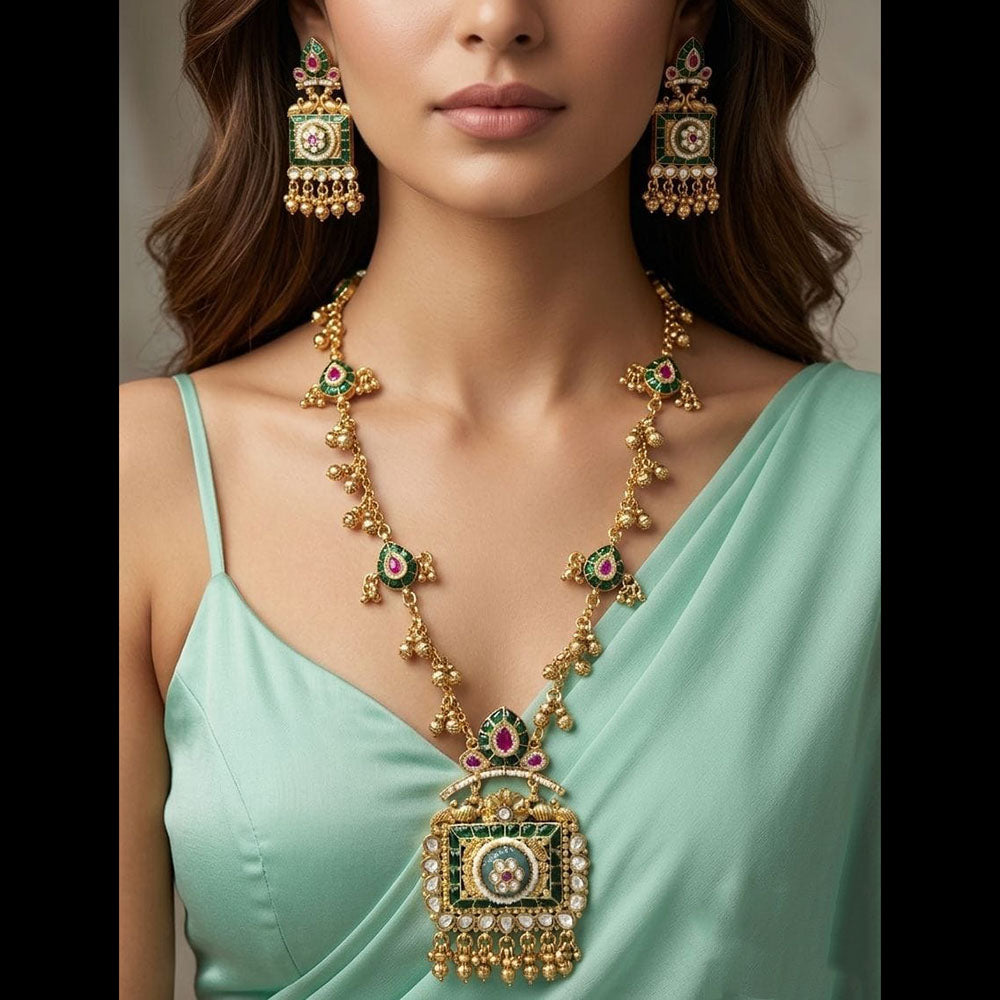 Kavita Art Elegant Pota Stone And Pearl Long Necklace Jewellery Set