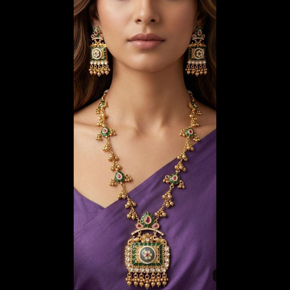 Kavita Art Elegant Pota Stone And Pearl Long Necklace Jewellery Set