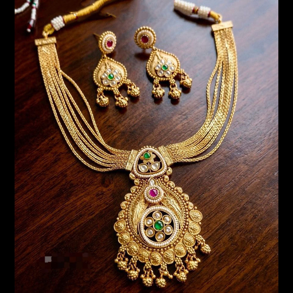 Kavita Art Gold Plated Royal Pota Stone And Pearl Multi Layer Necklace Set