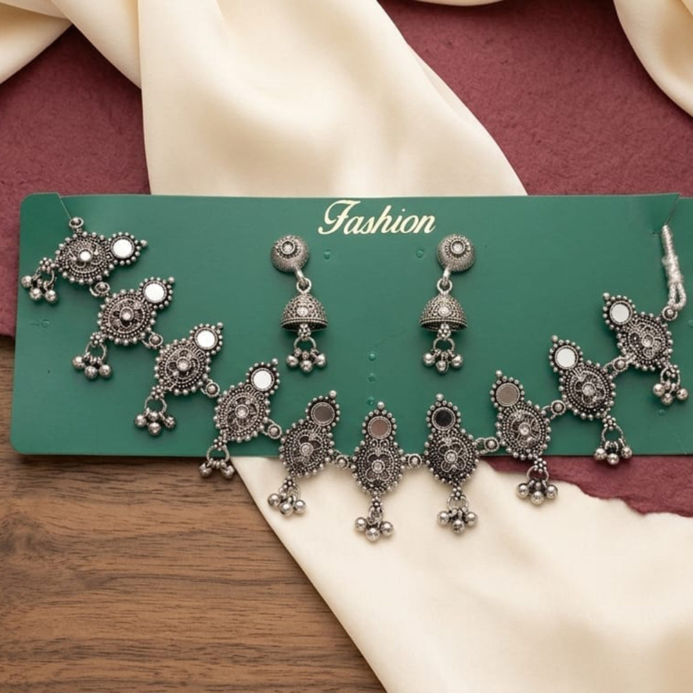 Kavita Art Boho Style Oxidised Plated Mirror And Pearl Necklace Set