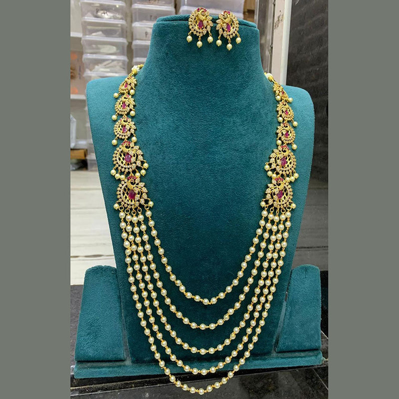 Sona Creation Gold Plated AD And Pearls Long Necklace Set