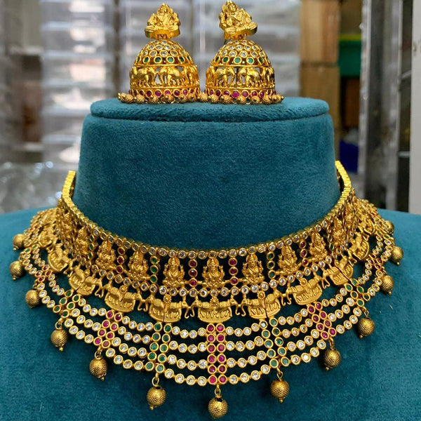 Sona Creation Gold Plated Pota Stone Temple Choker Necklace Set