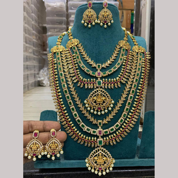 Sona Creation Gold Plated AD Temple Double Necklace Set