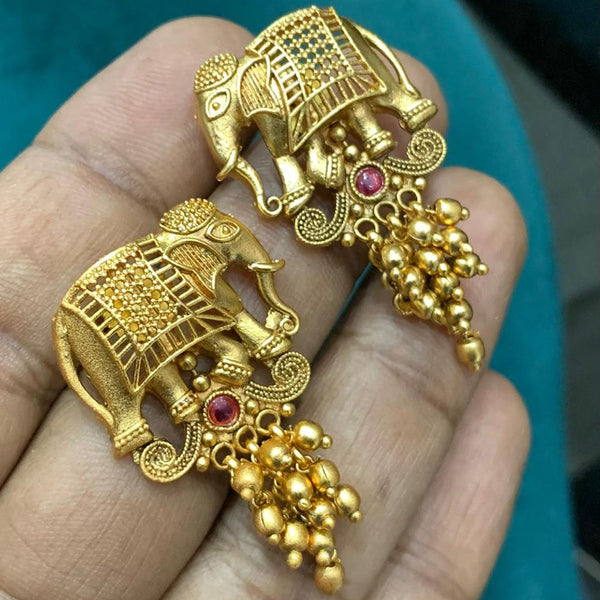 Sona Creation Gold Plated Pota Stone And Pearls Elephant Dangler Earrings