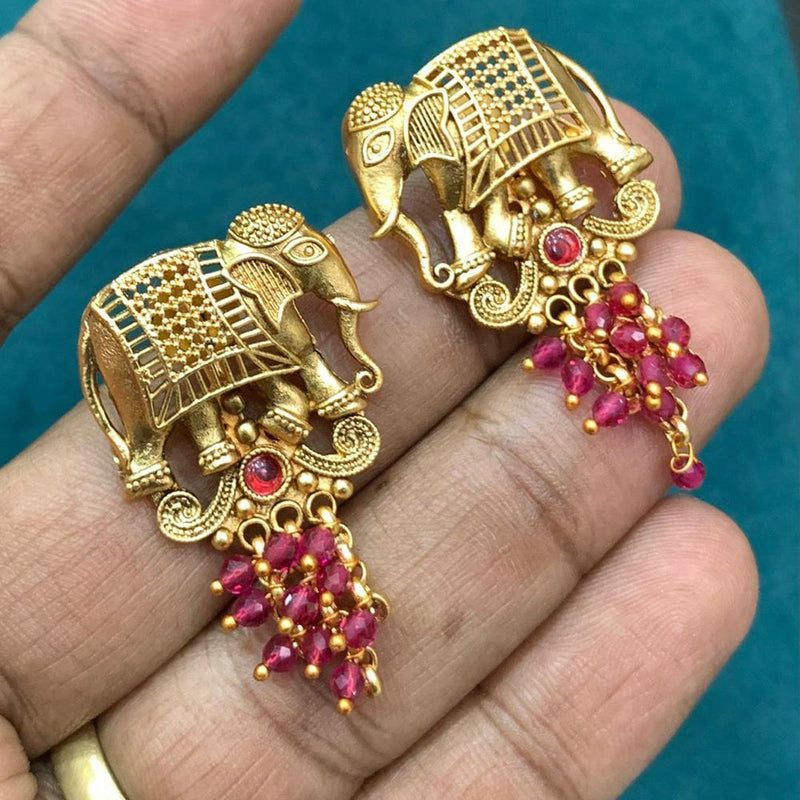 Sona Creation Gold Plated Pota Stone And Pearls Elephant Dangler Earrings