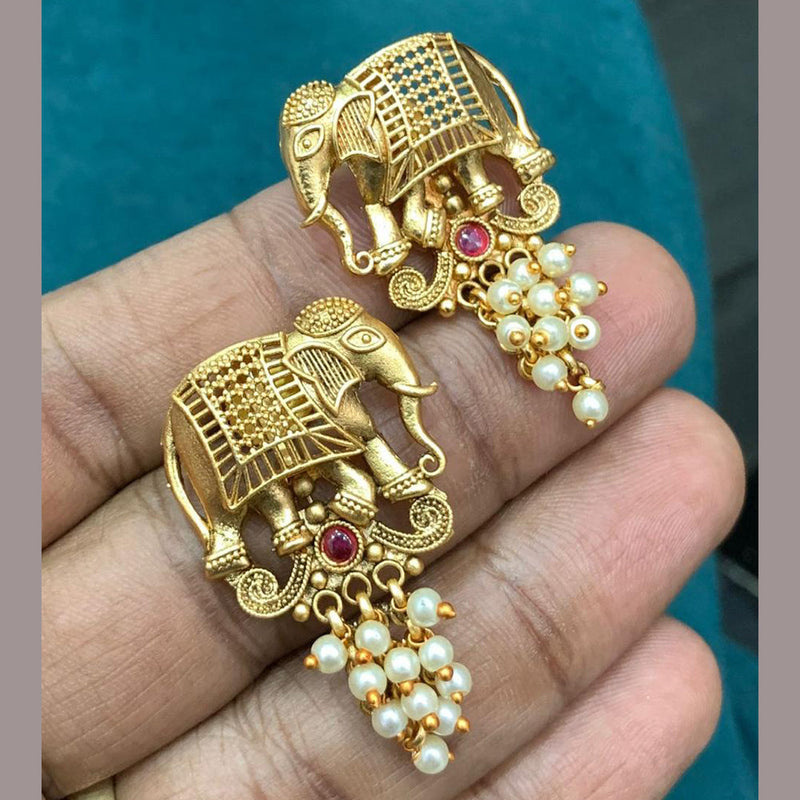 Sona Creation Gold Plated Pota Stone And Pearls Elephant Dangler Earrings