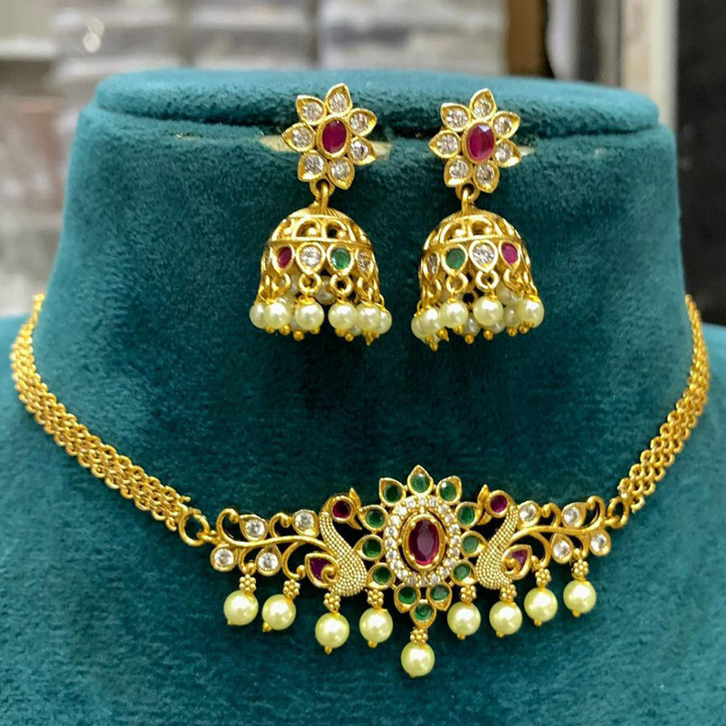 Sona Creation Gold Plated Pota Stone and Pearl Necklace Set