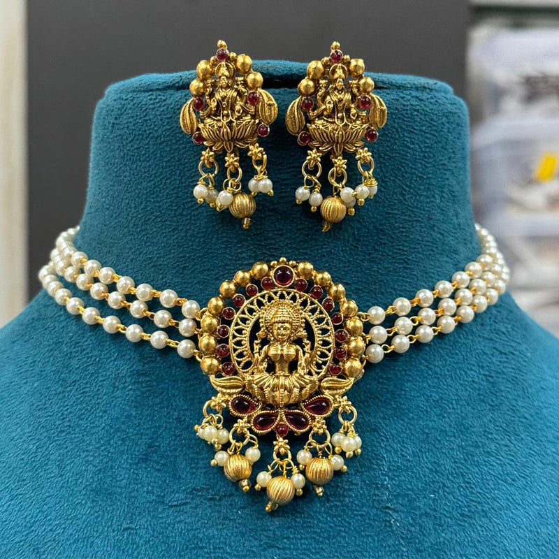 Sona Creation Gold Plated Pota Stone And Pearl Temple Choker Necklace Set