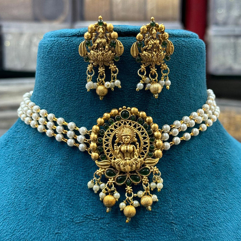 Sona Creation Gold Plated Pota Stone And Pearl Temple Choker Necklace Set