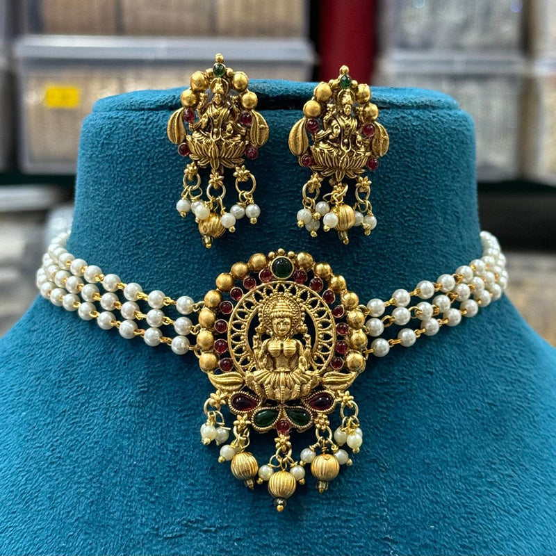 Sona Creation Gold Plated Pota Stone And Pearl Temple Choker Necklace Set