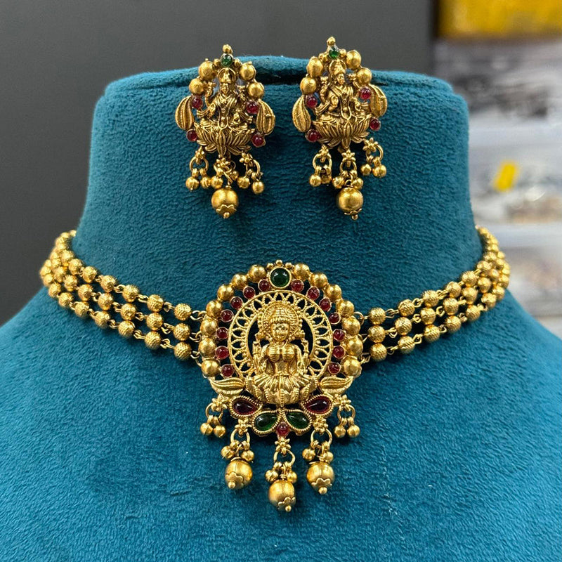 Sona Creation Gold Plated Pota Stone And Pearl Temple Choker Necklace Set