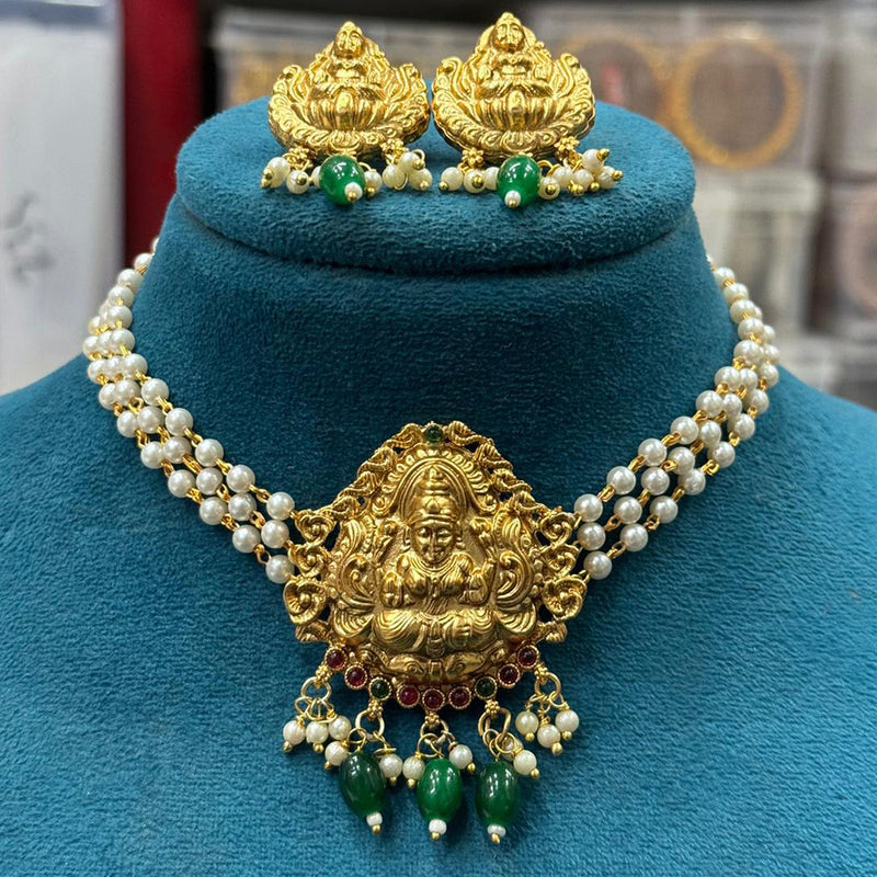 Sona Creation Gold Plated Pota Stone And Pearl Temple Choker Necklace Set