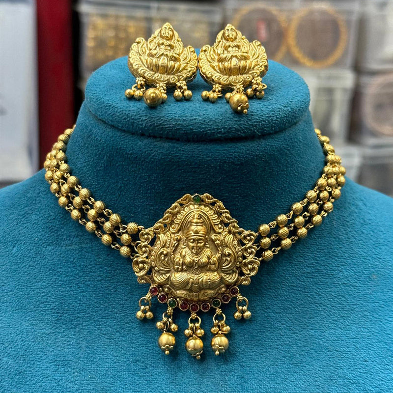 Sona Creation Gold Plated Pota Stone And Pearl Temple Choker Necklace Set