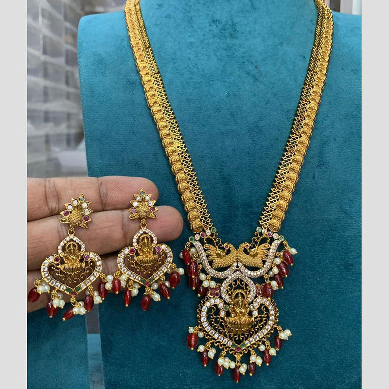 Sona Creation Gold Plated AD Temple Long Necklace Set