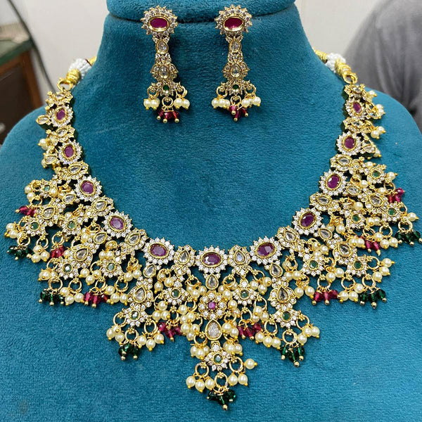 Sona Creation Gold Plated Polki Kundan Stone And Beads Temple Necklace Set