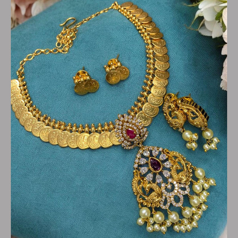 Sona Creation Gold Plated Pearl And AD Necklace Set