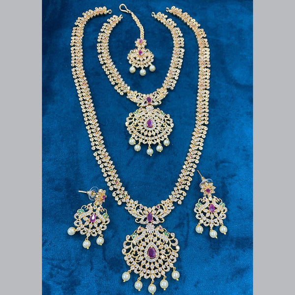 Sona Creation Gold Plated AD Double Long Necklace Set