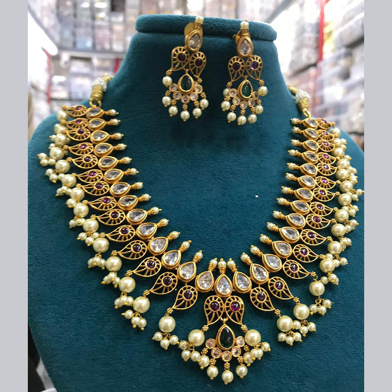 Sona Creation Gold Plated Pota Stone And Pearl Necklace Set