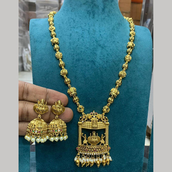 Sona Creation Gold Plated Pota Stone And Temple Long Necklace Set