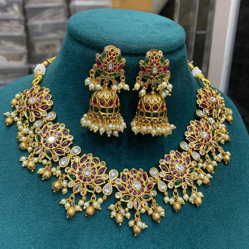 Sona Creation Gold Plated Kundan Stone And Temple Necklace Set