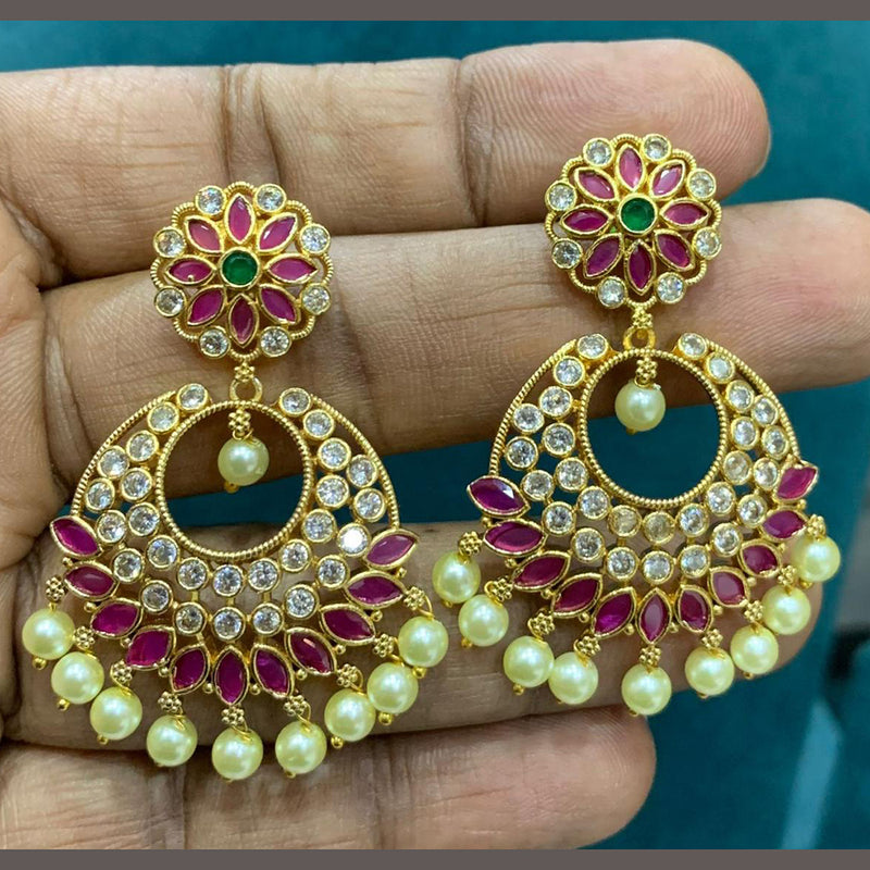 Sona Creation Gold Plated Pota Stone And Pearl Dangler Earrings