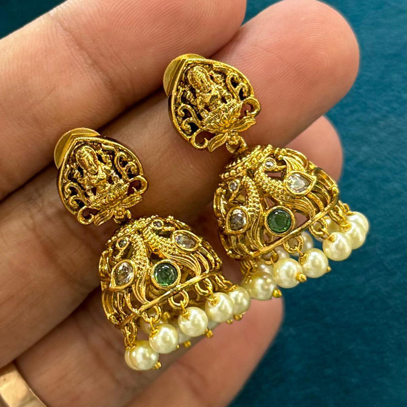 Sona Creation Gold Plated Pota Stone And Pearl Temple Jhumki Earrings